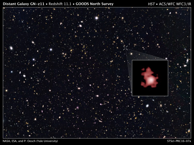 This image taken with the Hubble Space Telescope shows a hot, star-popping galaxy that is farther than any previously detected, from a time when the universe was a mere toddler of about 400 million years old.