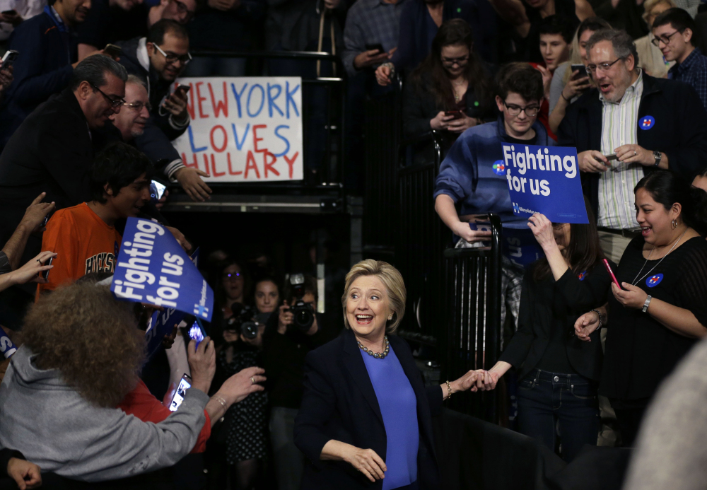 Democratic presidential candidate Hillary Clinton arrives for a rally in Purchase, N.Y., on Thursday.