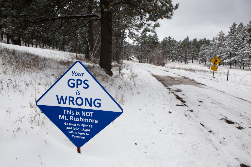 A sign at the Dakotas United Methodist Camps advises travelers that their GPS has misdirected them to a location about a dozen miles from their intended destination, Mount Rushmore National Monument in South Dakota. The Google Maps error has been sending tourists to the wrong location for nearly five years now.