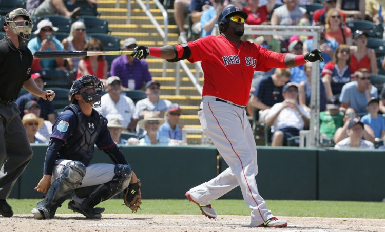 David Ortiz had not hit a home run during training this spring, but said goodbye to Fort Myers on Thursday with a shot in the fifth inning of Boston's 7-4 loss to the Minnesota Twins. The catcher is John Ryan Murphy.