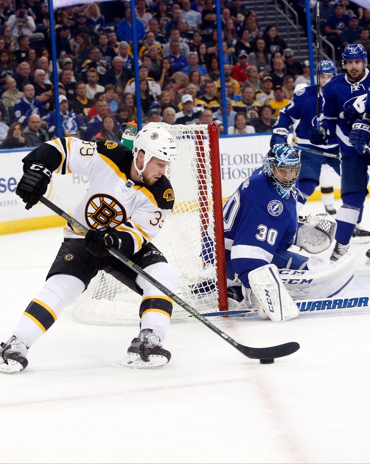 Bruins left wing Matt Beleskey works to put a shot on Tampa Bay goalie Ben Bishop on Tuesday night.    The Associated Press
