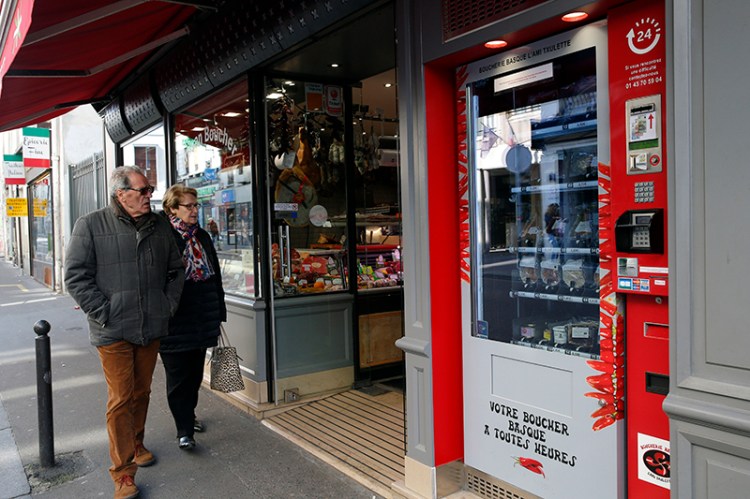 A meat vending machine sells Basque specialties in Paris.