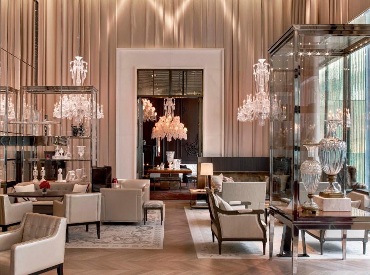 Residences New York shows the grand salon at the Baccarat Hotel &  Residences. The Baccarat brand is famous for its crystal but illumination is one of the principle design concepts at the hotel.    Courtesy of Baccarat Hotel & Residences New York 