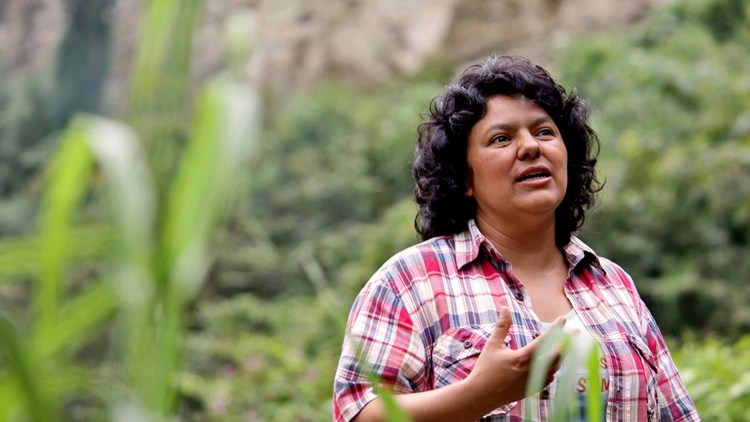 In this Jan. 27, 2015 photo released by The Goldman Environmental Prize, Berta Caceres speaks to people near the Gualcarque river located in the Intibuca department of Honduras. The Associated Press