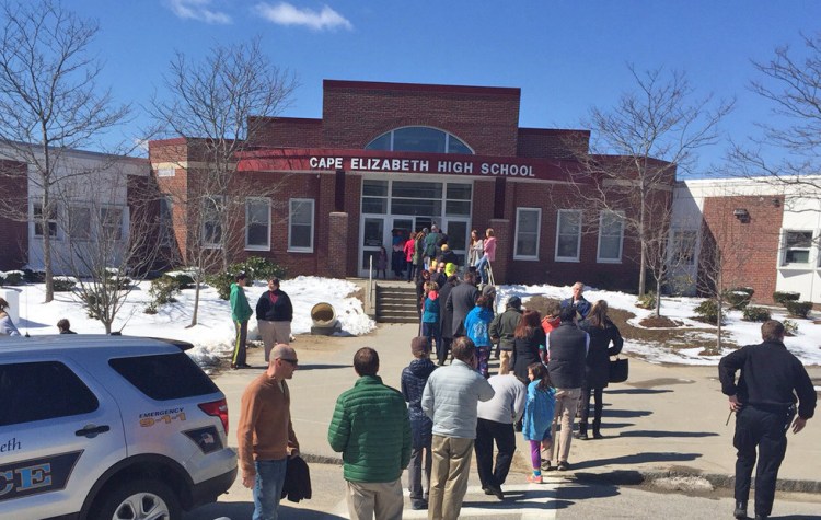 Students at Cape Elizabeth middle and elementary schools were evacuated to the high school at about 10:40 a.m., according to the school department. Photo by Matt Byrne/Staff Writer