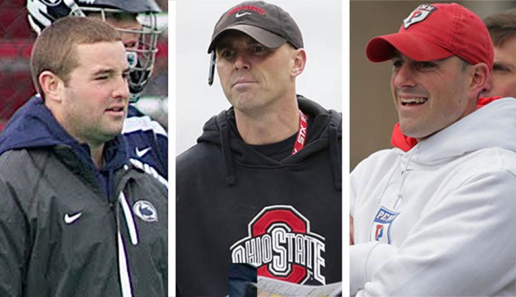 Peter Toner, left, works as the defensive coordinator at Penn State while Nick Myers has made a name for himself in eight years as the head coach at Ohio State. Myers' brother, Pat Myers, is the offensive coordinator at the University of Pennsylvania. Courtesy photos