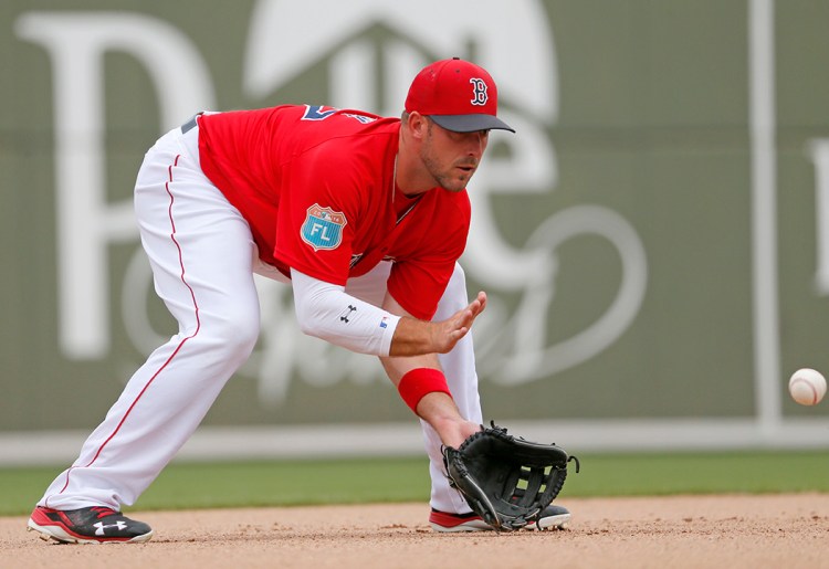 Travis Shaw fields a grounder during a spring training game on March 24. On Thursday he was named Boston's starting third baseman, over big-money free agent Pablo Sandoval.
The Associated Press