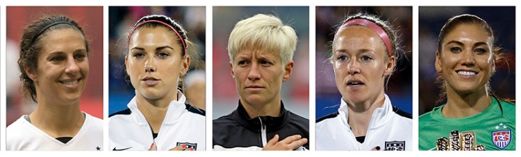 World Cup-winning national team from left: Carli Lloyd, Alex Morgan, Megan Rapinoe, Becky Sauerbrunn and Hope Solo. All five have accused the U.S. Soccer Federation of wage discrimination.