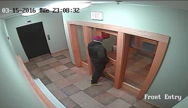 This image from surveillance video shows the suspect leaving 88 Gilman St. through the front door at 11:08 p.m. Tuesday. Photo courtesy  Portland Police Department.