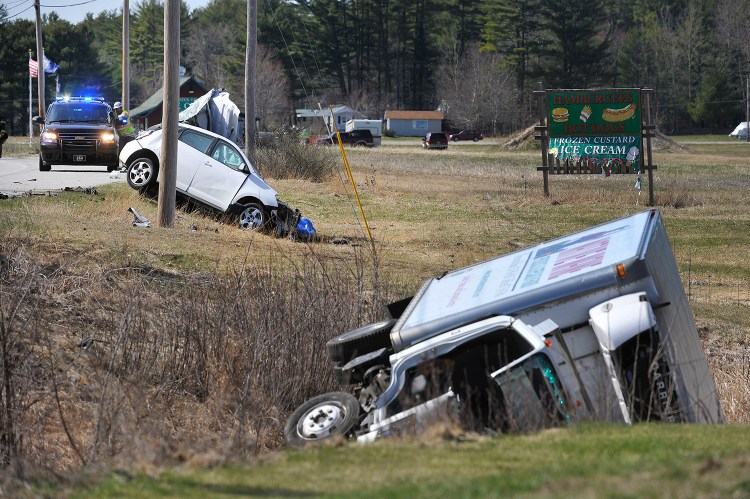 The driver of the car, Adam Perron of Harrison, died in this two-vehicle crash on Route 302 in Casco on Wednesday.
