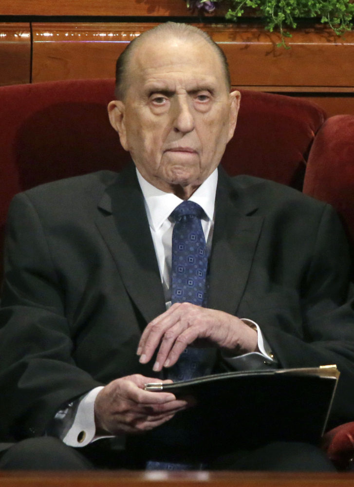 Thomas S. Monson, the 88-year-old president of The Church of Jesus Christ of Latter-day Saints, attends Saturday's session.