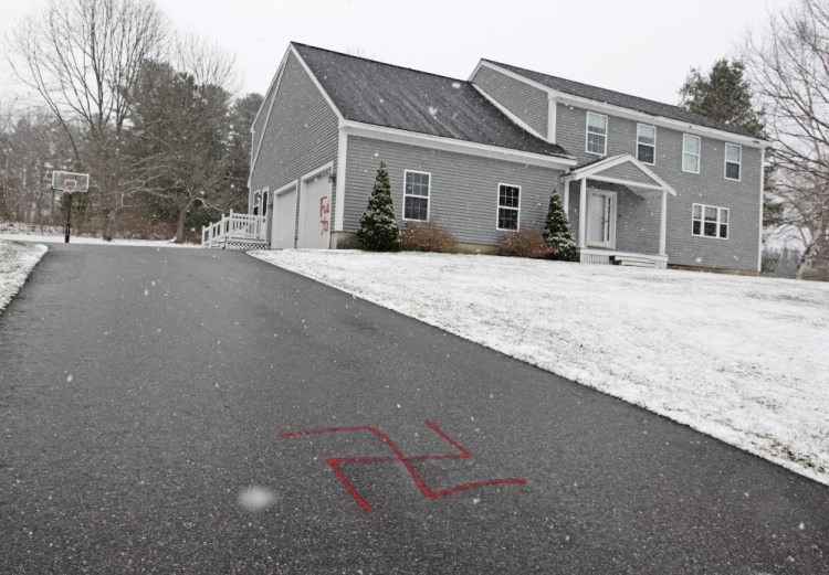 A swastika was drawn on a driveway at 41 Jameco Mill Road in Scarborough on Sunday night. Police have asked the public for information about the vandalism.