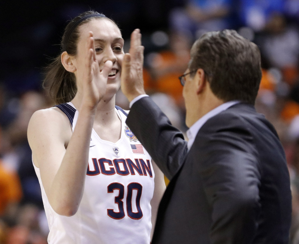 Geno Auriemma, right, is unfazed by Breanna Stewart's promise to win Tuesday. "It takes a lot of courage to say certain things and to be able to do certain things," he said.