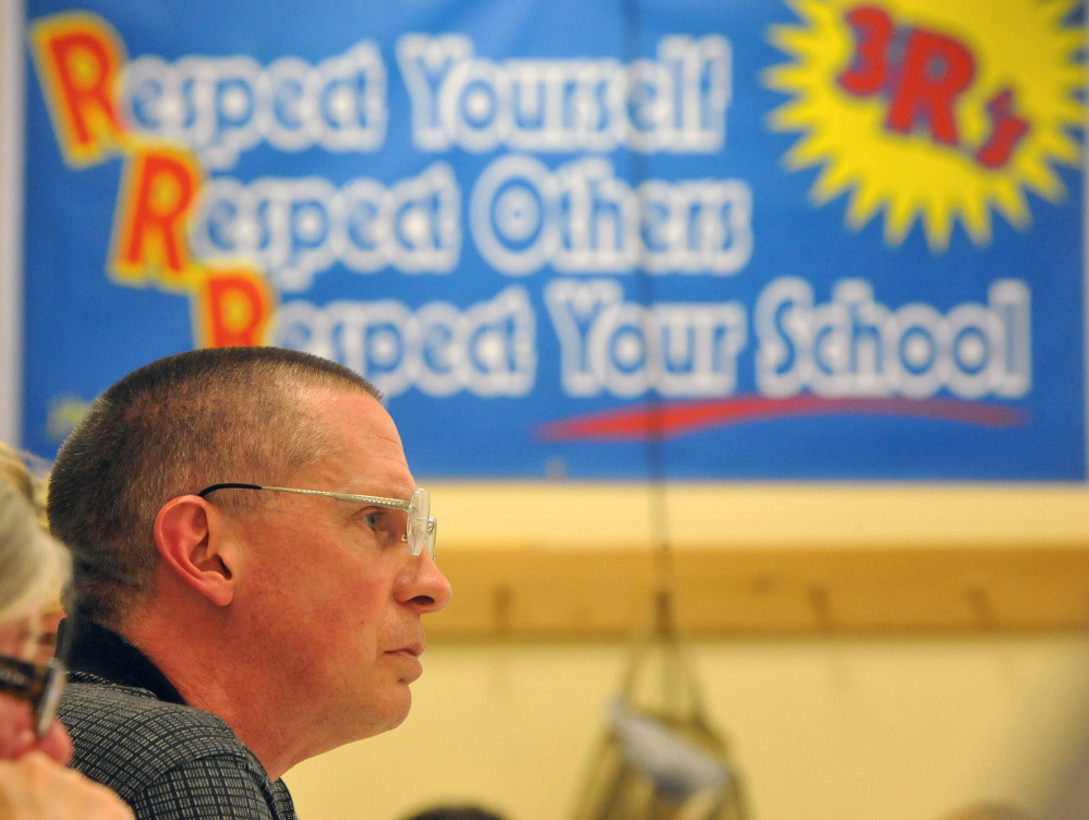 School Administrative District 54 board Chairman Tim Downing takes part in a school board meeting May 7, 2015, in Skowhegan, at which the board voted to keep the Indians nickname. Downing, who voted to make the change, said Tuesday the board is unlikely to reverse that decision anytime soon.