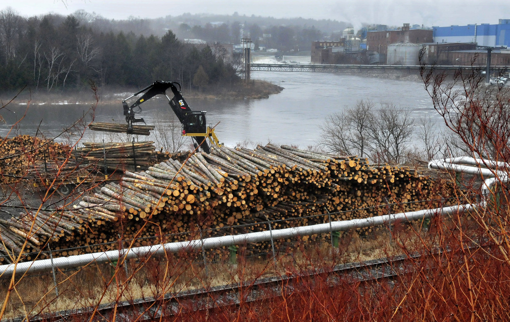 A worker unloads logs used to make paper at the Madison Paper Industries mill in Madison last month. As many as 1,000 of the state's 5,000 loggers could be out of work by summer because of decline in the demand for wood.