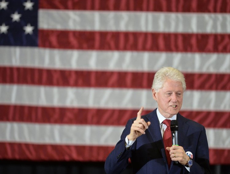 Former President Bill Clinton addresses a crowd of about 1,200 at Erie Hall at Penn State Behrend in Harborcreek Township, Pa., in April.