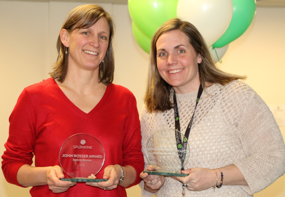 Spurwink employees Debra Bunce and Nathanna McGivney were honored with the nonprofit's Rosser Award for their contributions in work and leadership.