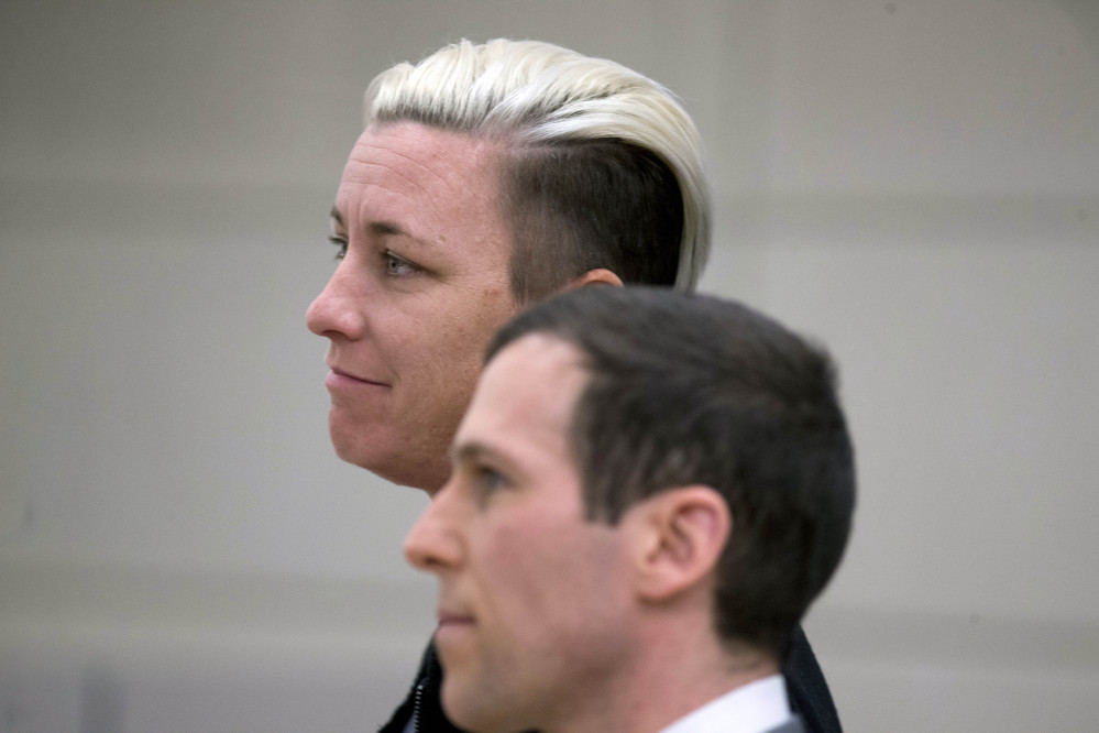 Retired soccer star Abby Wambach pleads guilty to driving under the influence of intoxicants at the Justice Center in Portland, Ore., on Tuesday.