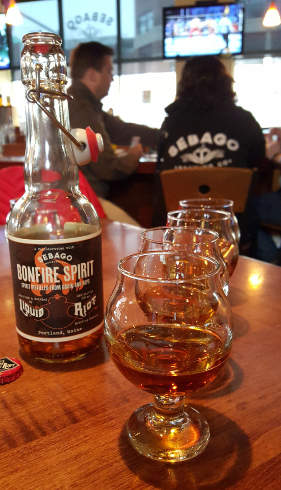 Bonfire Spirit is a whiskey-like 90 proof liquor distilled from leftover Sebago beer.