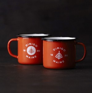 Enamel mugs in the Dirigo line of products developed by Might & Main.