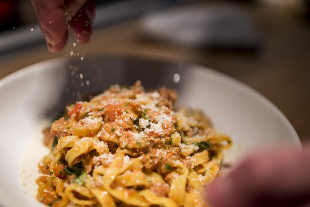PORTLAND, ME - APRIL 8: Bolognese with tagliatelle, fonduta, and basil, photographed for Dine Out Maine at Roustabout Friday, April 8, 2016. (Photo by Gabe Souza/Staff Photographer)