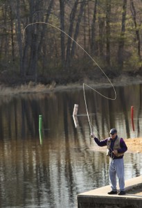 Appropriately enough, Jim Rogers' cast resembles a big question mark as he fishes the Crooked River near Songo Locks in Naples on Thursday. Throughout central and southern Maine, there have been moments of fast fishing this month, with the action then slowing as the temperatures drop during a most unpredictable spring.