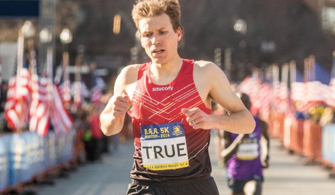 Ben True runs in the Boston Athletic Association 5K Road Race on Saturday in Boston. True, a three-time winner from North Yarmouth, finished second.