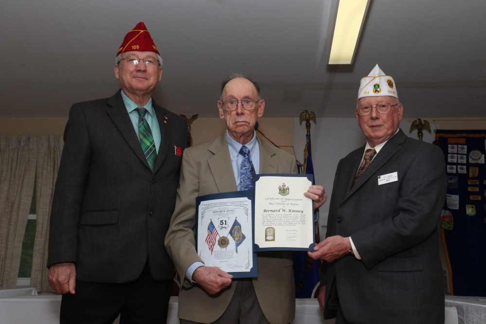 American Legion National Commander Dale Barnett, left, and American Legion Post 94 veteran officer Pete Johnson recently presented retired WWII army veteran Bernard Kinney with a certificate of appreciation.