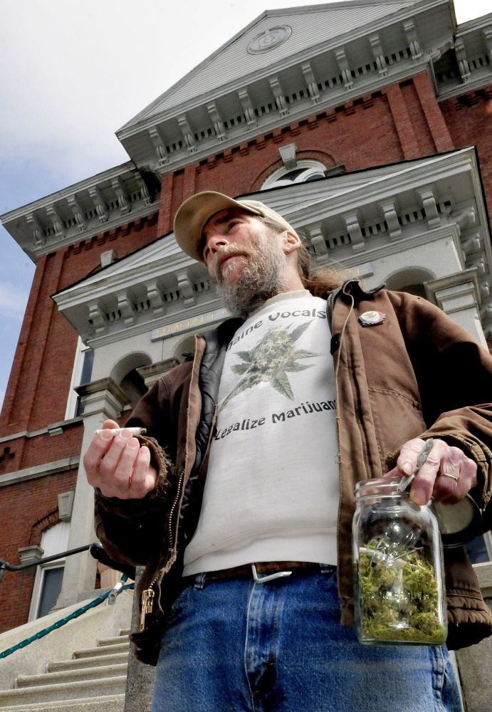 Donny Christen speaks Monday on the steps of the Somerset County Courthouse about the effort to legalize marijuana.