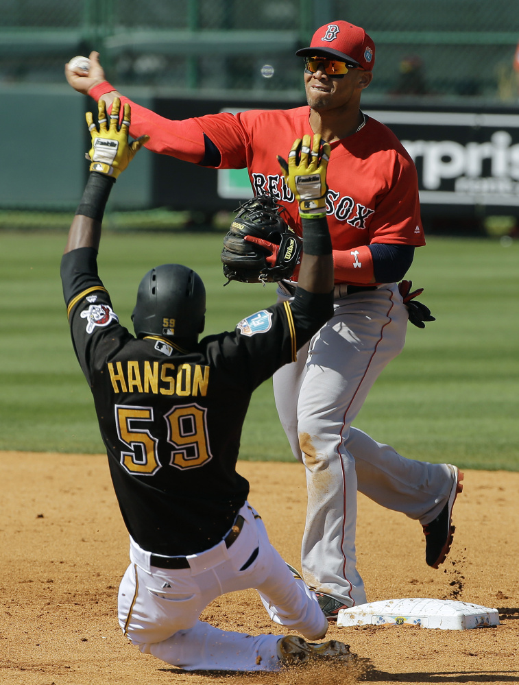 Boston Red Sox second baseman Yoan Moncada forces Pittsburgh Pirates' Alen Hanson (59) at second base and relays the throws to first in time to turn a double play on Francisco Cervelli during the fifth inning of a spring training baseball game Wednesday, March 9, 2016, in Bradenton, Fla. (AP Photo/Chris O'Meara)