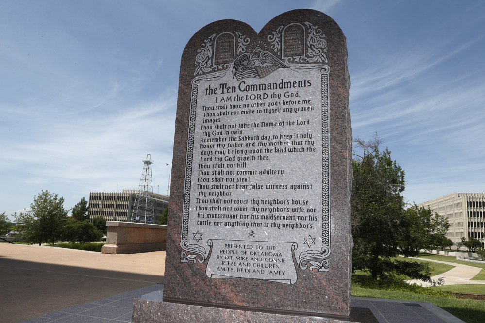 The Ten Commandments monument at the state Capitol in Oklahoma City was erected in 2012. The state Supreme Court ordered its removal in 2015.