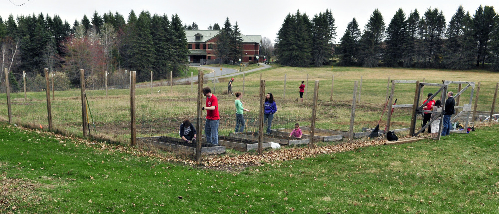 People work inside the fence preparing the plot Friday at the University of Maine at Augusta garden.