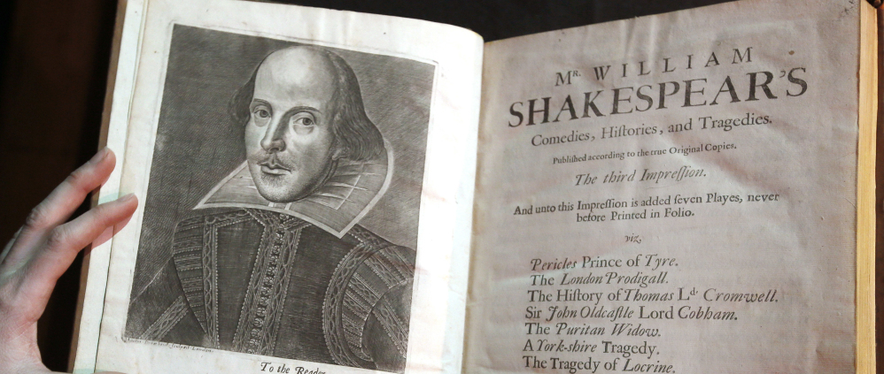 FILE - In this March 16, 2016, file photo, a portrait of William Shakespeare is seen in the Third Folio, in London. William Shakespeare died 400 years ago Saturday, April 23, an anniversary marked across the "sceptered isle" and across the pond. And sports, like much else, is in Shakespeare's debt.  (AP Photo/Kirsty Wigglesworth, File)