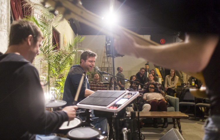 Max Ater and the Marshalls, a band from Bath, plays at the recent event organized by Maine's Sofar Sounds chapter. The 8 p.m. shows in Maine have been attracting older audiences who are drawn to performances that focus on the music, aren't in crowded clubs and are over by 10 p.m.