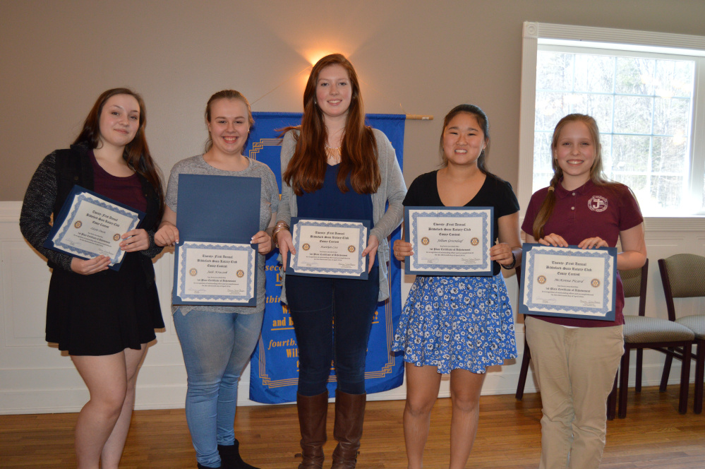 The Biddeford-Saco Rotary Club recently awarded winners of its annual essay contest. Each of the first-place winners received a certificate of recognition and a $100 cash prize. Pictured are top finishers (from left) Lizzie Owen, of Loranger Middle School; Jade Kruczek, of Saco Middle School; Kaitlyn Cox, of Thornton Academy Middle School; Jillian Greenleaf, of Biddeford Middle School; and McKenna Picard, of St. James School.