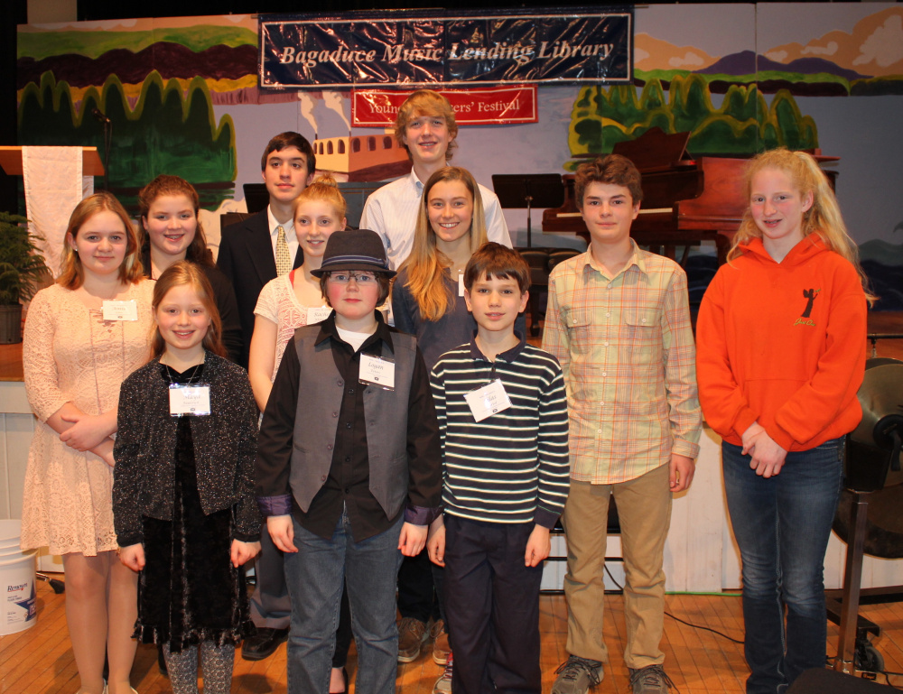 Winners of the Young Composers Competition and Festival, held recently in Blue Hill, included (front row, from left) Maya Falstich, Logan Peters and Silas Bartol; (Row 2, from left) Amie Giles, Rachel Whitmore, Anikka Reinwand, Cameron Stewart and Alexandria Mason; (back row, from left) Samantha Dudley, Hayden Stacki and Soren Nyhus.