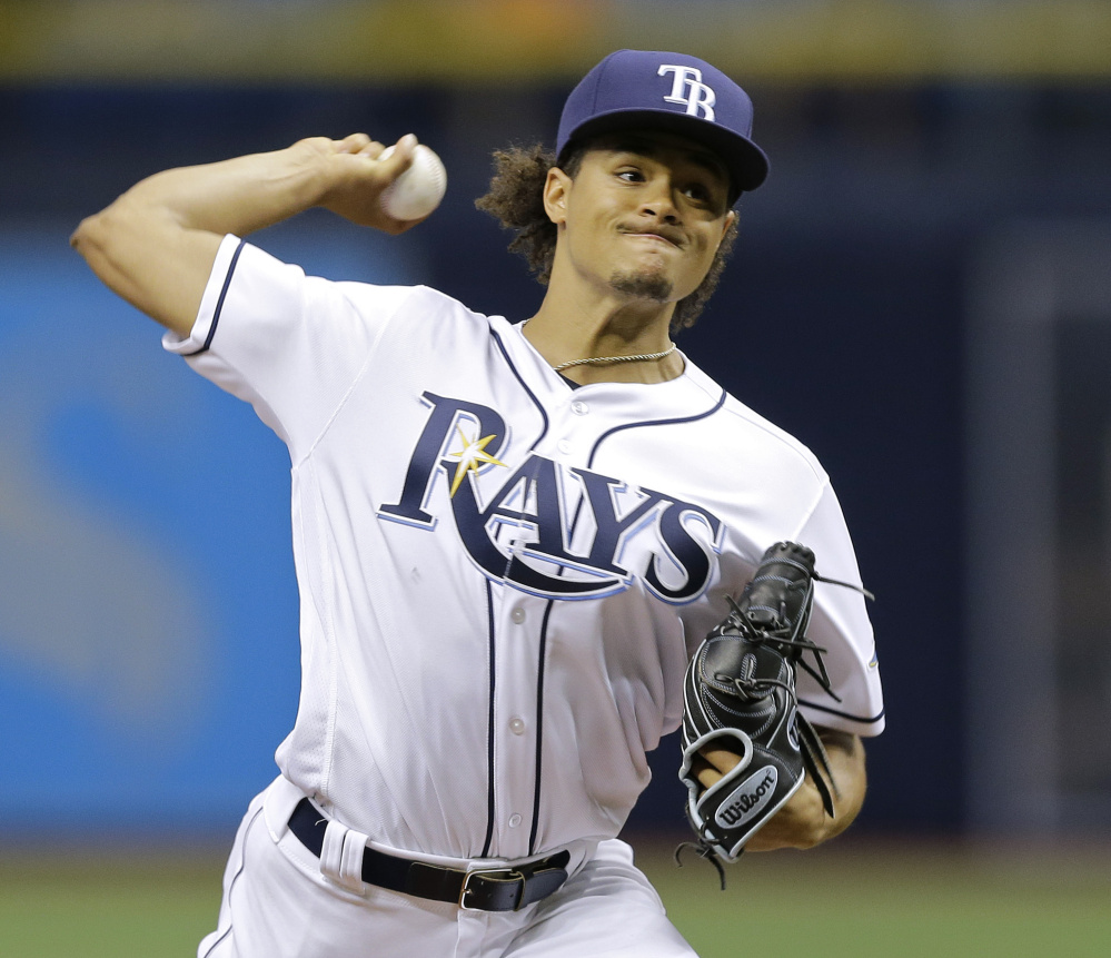 Tampa Bay's Chris Archer pitches against Baltimore during a 2-0 win by the Rays on Monday night at St. Petersburg, Florida. Archer had 10 strikeouts in 6  innings.