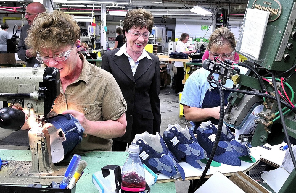 Sen. Susan Collins toured the New Balance factory in Norridgewock to see how footwear is made and to speak with employees.