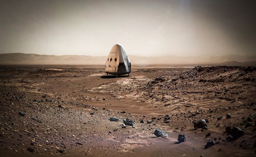 This artist rendering provided by SpaceX shows a capsule sitting on the surface of Mars. The mission is envisioned as the first step toward the goal of colonizing the red planet.