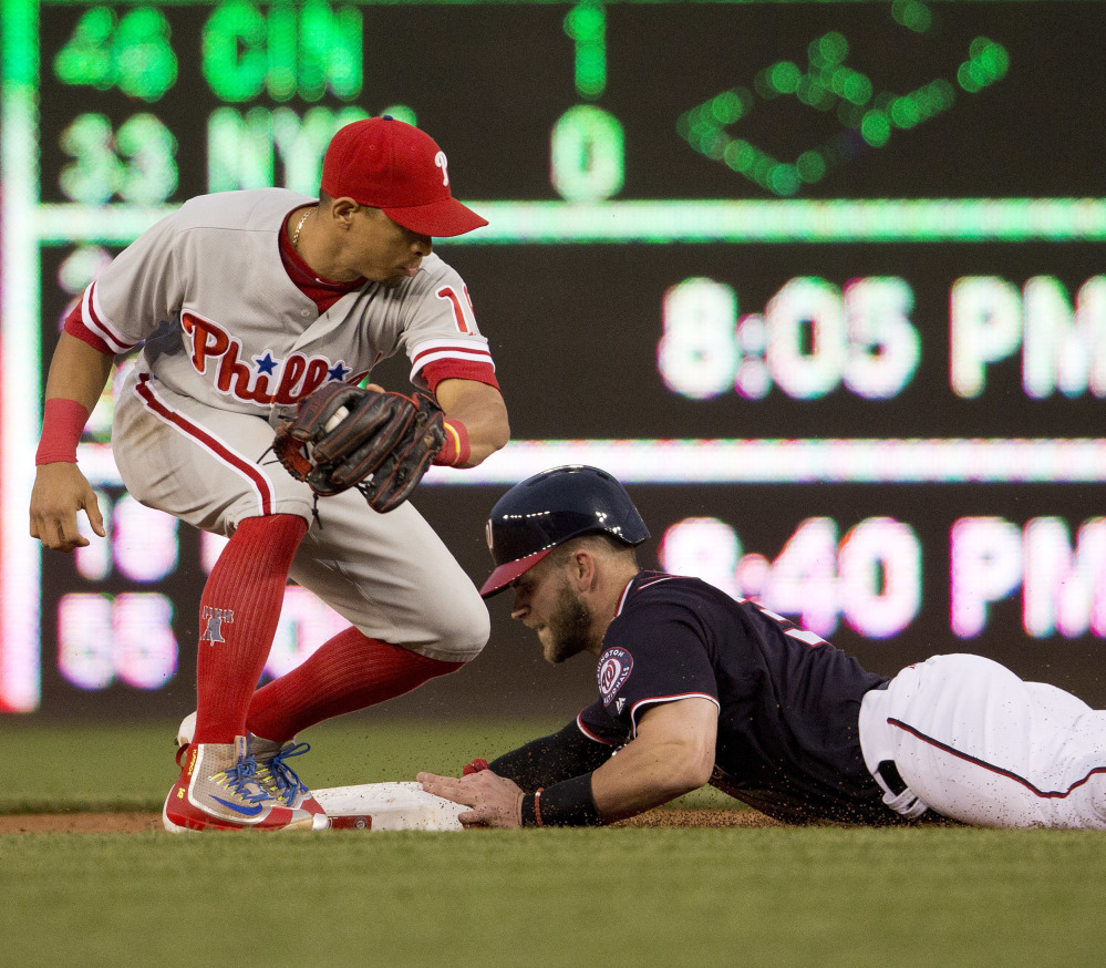 Washington's Bryce Harper steals second as he beats the tag by Philadelphia's Cesar Hernandez during the first inning of a 3-0 win by the Phillies at Washington on Wednesday.