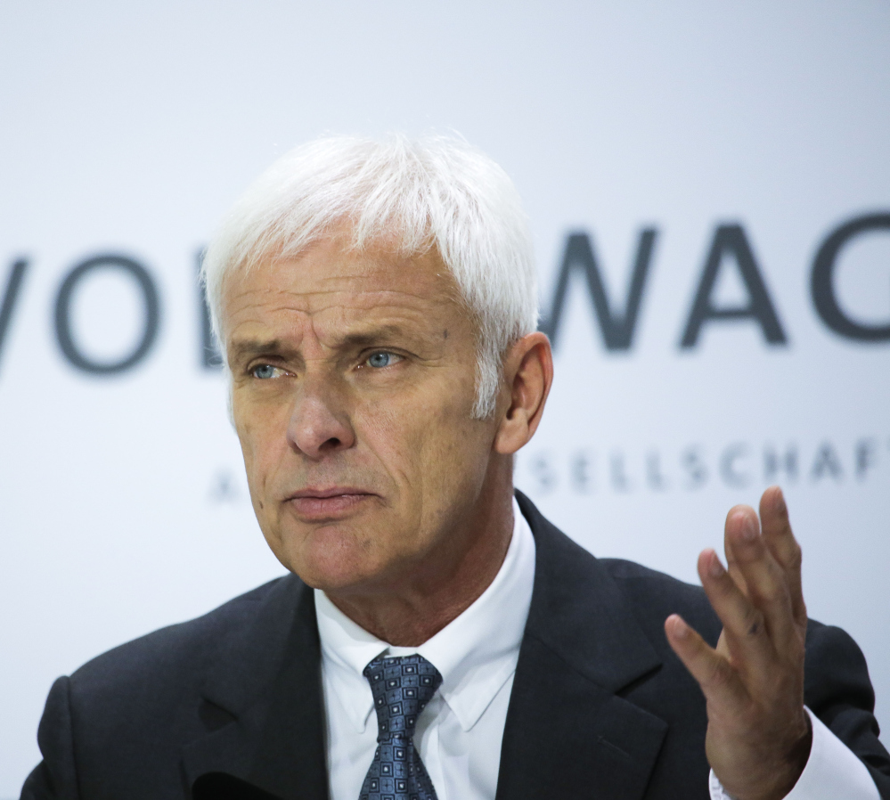 Volkswagen CEO Matthias Mueller speaks about the emissions scandal during the company's annual news conference in Wolfsburg, Germany, on Thursday.