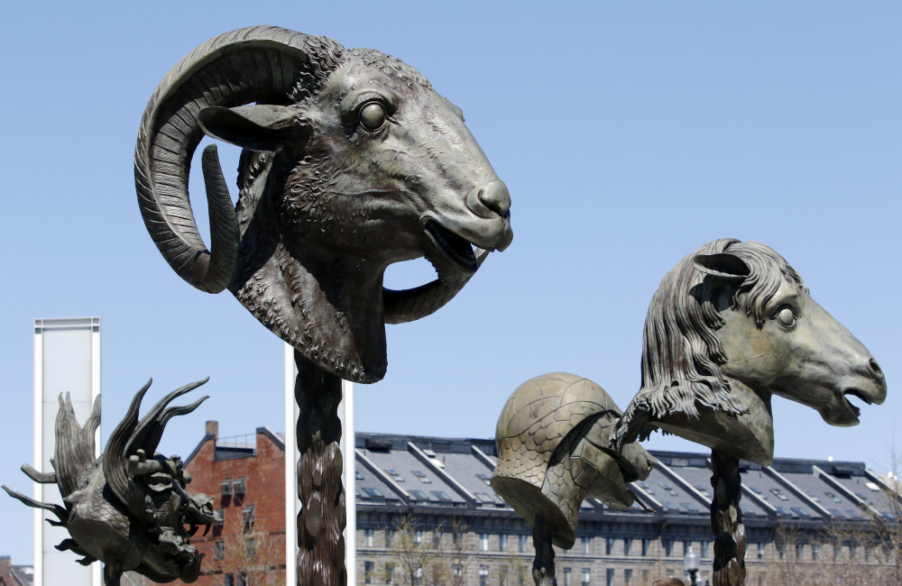 Bronze sculptures, 12 in all, representing the signs of the Chinese zodiac stand in a circle on the Rose Kennedy Greenway in Boston, a site formerly in the shadows of an overhead highway. The works by artist Ai Weiwei are scheduled to remain on display through October.