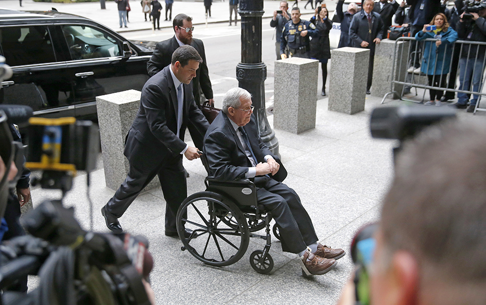 Former House Speaker Dennis Hastert arrives at the federal courthouse Wednesday in Chicago for his sentencing on federal banking charges. The Associated Press