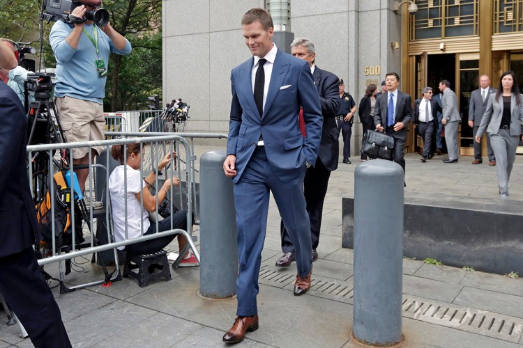 New England Patriots quarterback Tom Brady leaves federal court in New York on Aug. 31, 2015. The NFL is appealing a federal judge's decision to throw out Brady's four-game suspension. The Associated Press