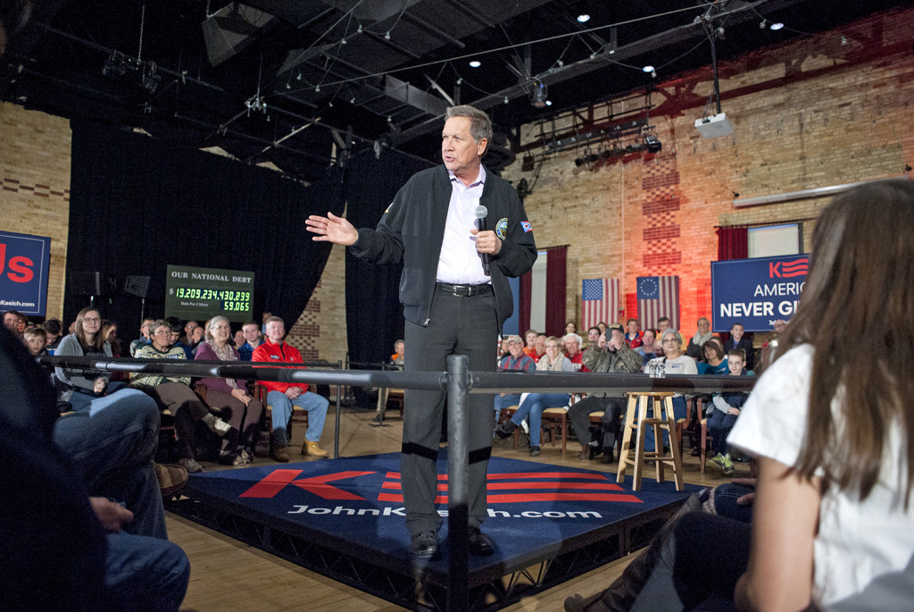 Republican Presidential candidate Ohio Gov. John Kasich speaks during his town hall talk Saturday the Armory in Janesville, Wis. Angela Major/The Janesville Gazette via The Associated Press