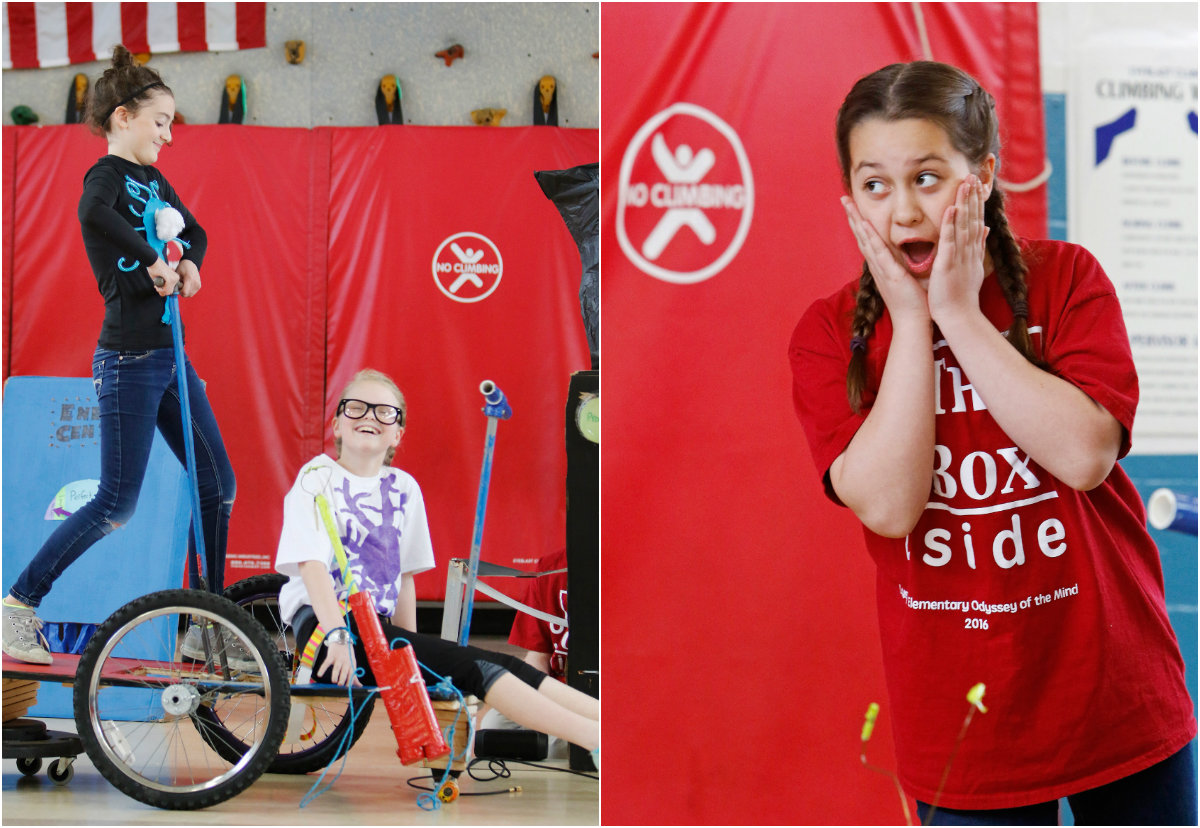At left: Desjardins and Seavey demonstrate their people-powered vehicle. Two teams of fifth graders, 14 students in all, designed and built vehicles without pedaling for propulsion as part of the problem-solving competition. At right: Ella Romano reacts while rehearsing her team's production "No-cycle, Recycle."