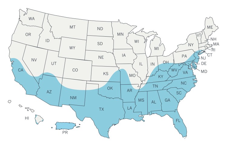 The predicted range of the Aedes aegypti mosquito for 2016 is indicated in blue. Federal health officials say the mosquitoes that can transmit the Zika virus may live in a broader swath of the U.S. than previously thought – but that doesn't mean they'll cause disease here. CDC map via AP