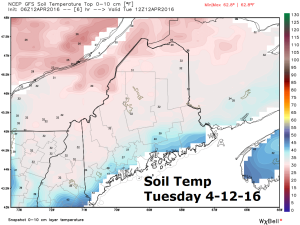 Projected soil temperatures Tuesday 4-12-16 (Courtesy-WeatherBell)