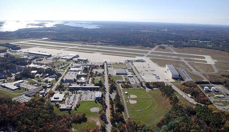 An aerial photo shows the runway at the former Brunswick Naval Air Station.
