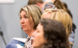Amanda Cooper, who last week filed a complaint with the Maine Department of Education last week asking it to investigate the SAD 6 superintendent, waits Monday during a lengthy series of executive sessions by the school board. 